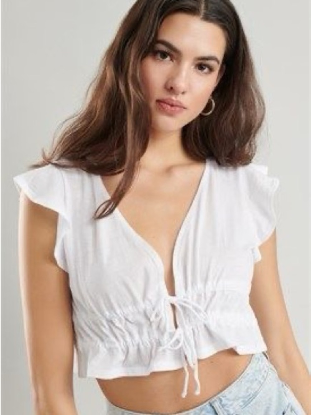 Garage white crop top with ruffle sleeves and 2-tie front detail, Size S